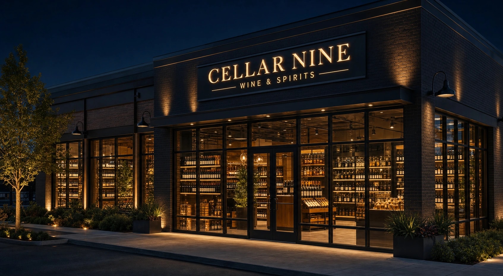 Cellar Nine fictional wine and spirits storefront at night