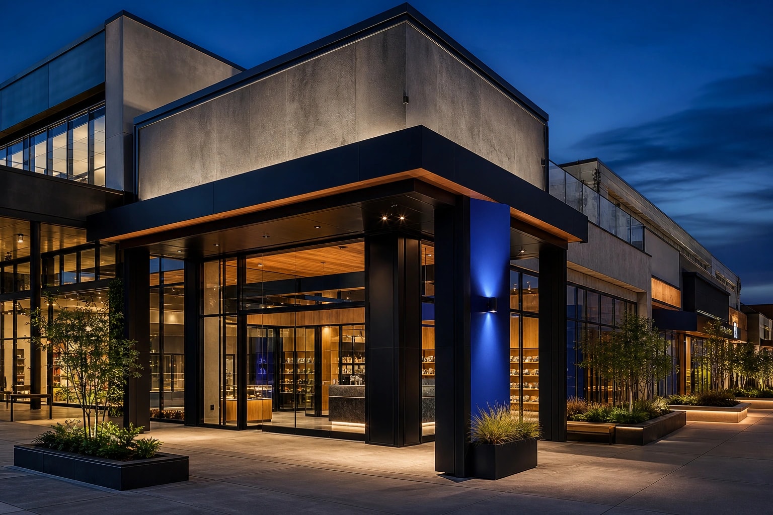Architecturally refined licensed retail property at blue hour