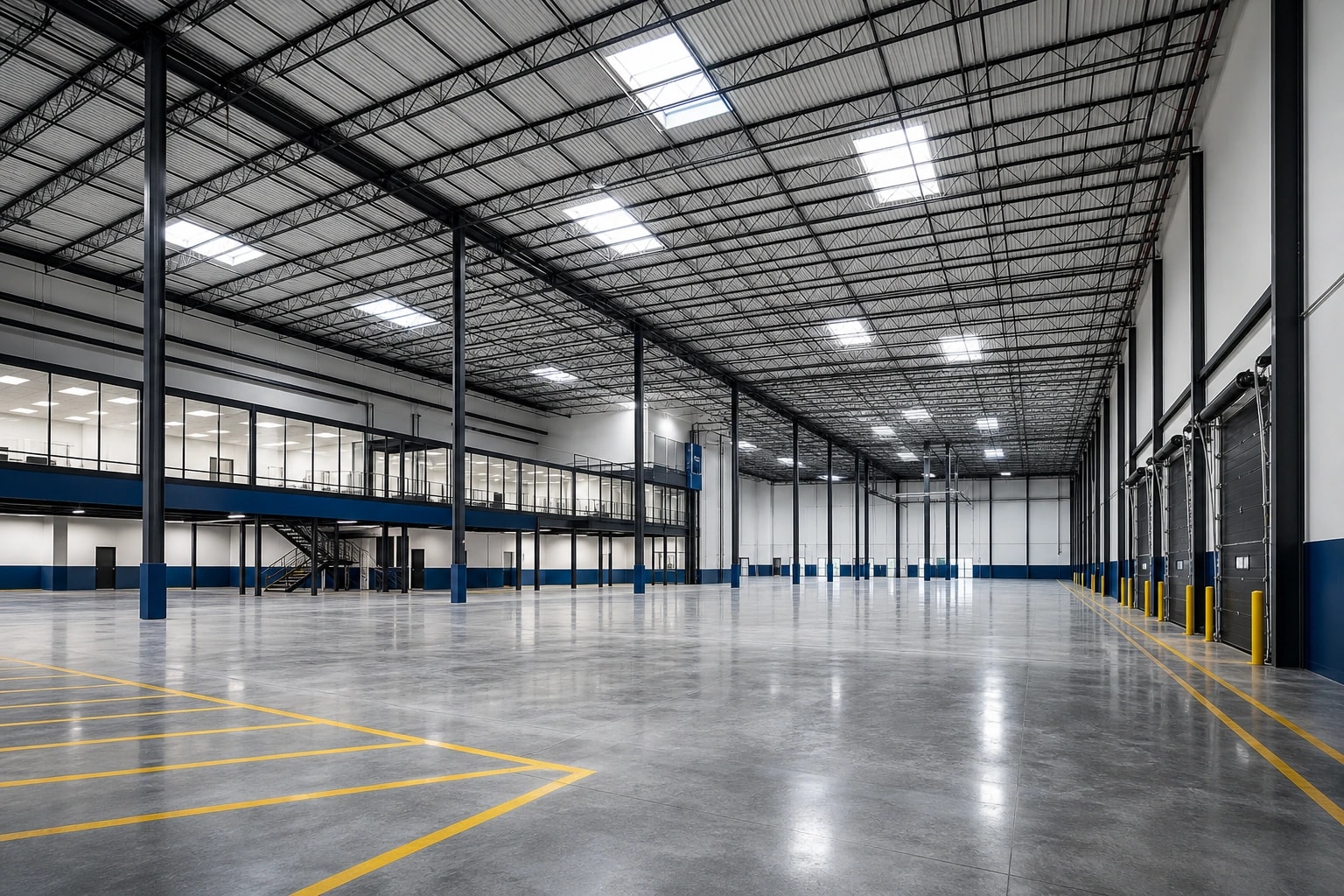 Bright high-clearance industrial warehouse interior