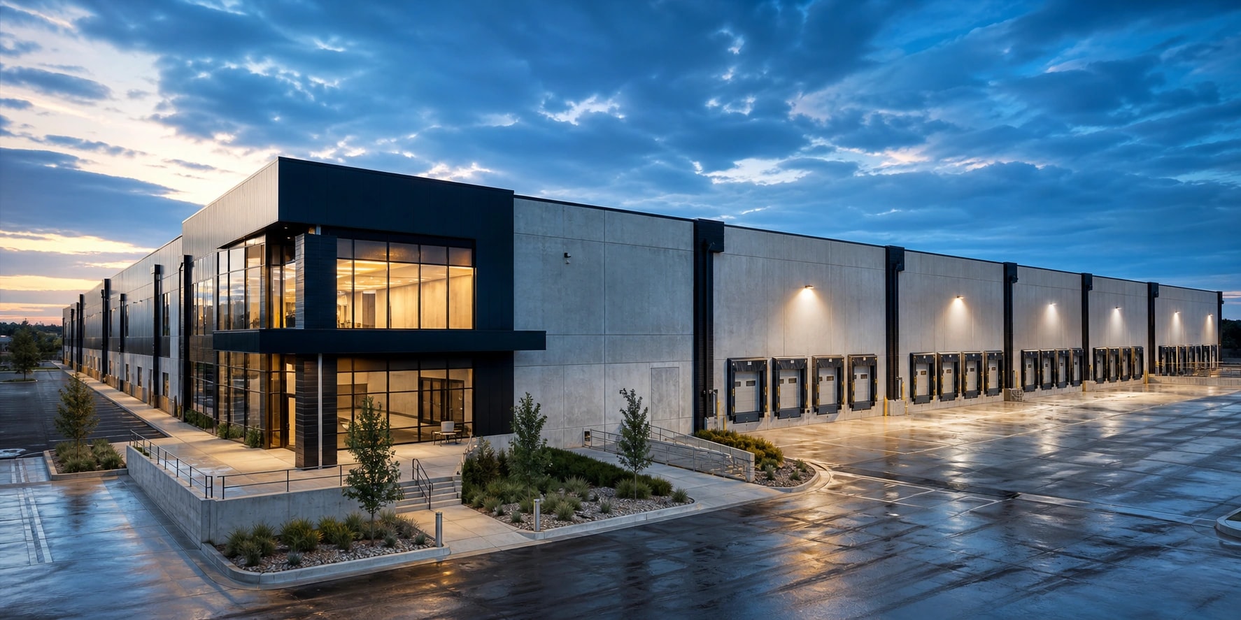 Modern high-clearance warehouse with loading access