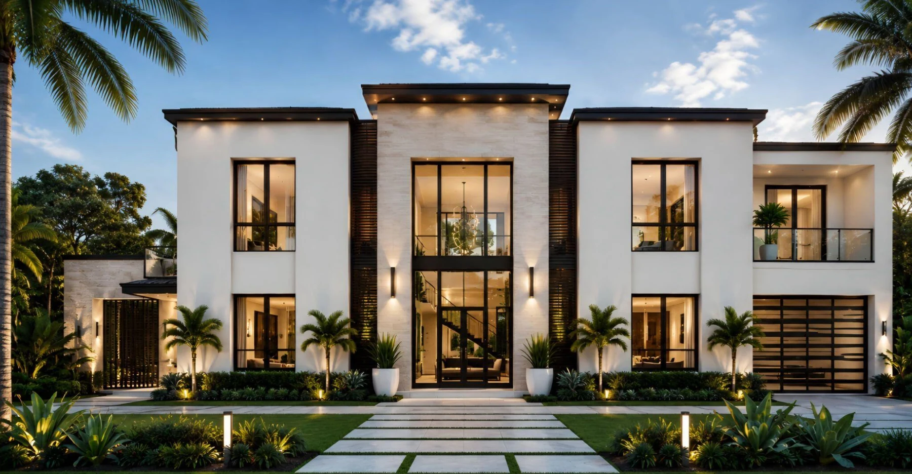 Contemporary luxury residence with a glass entry, illuminated at dusk